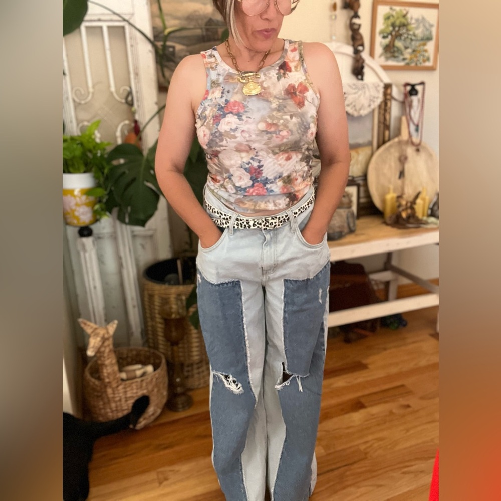Reworked Denim forever 21 light wash baggy wide leg patchwork distressed jeans - Picture 4 of 10